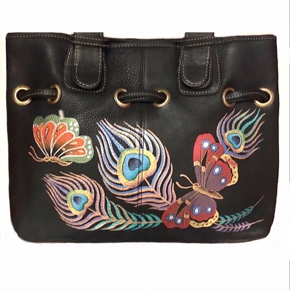 ANUSCHKA SHOULDER HANDBAG PEACOCK FEATHER & BUTTERFLY - Picture 1 of 8